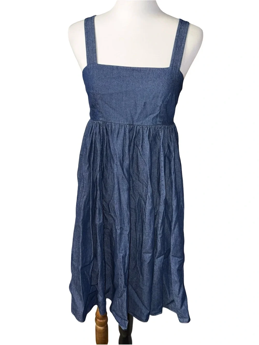 Kate Spade Chambray Al Fresco Blue Cotton Square Neck Midi Dress Size Small